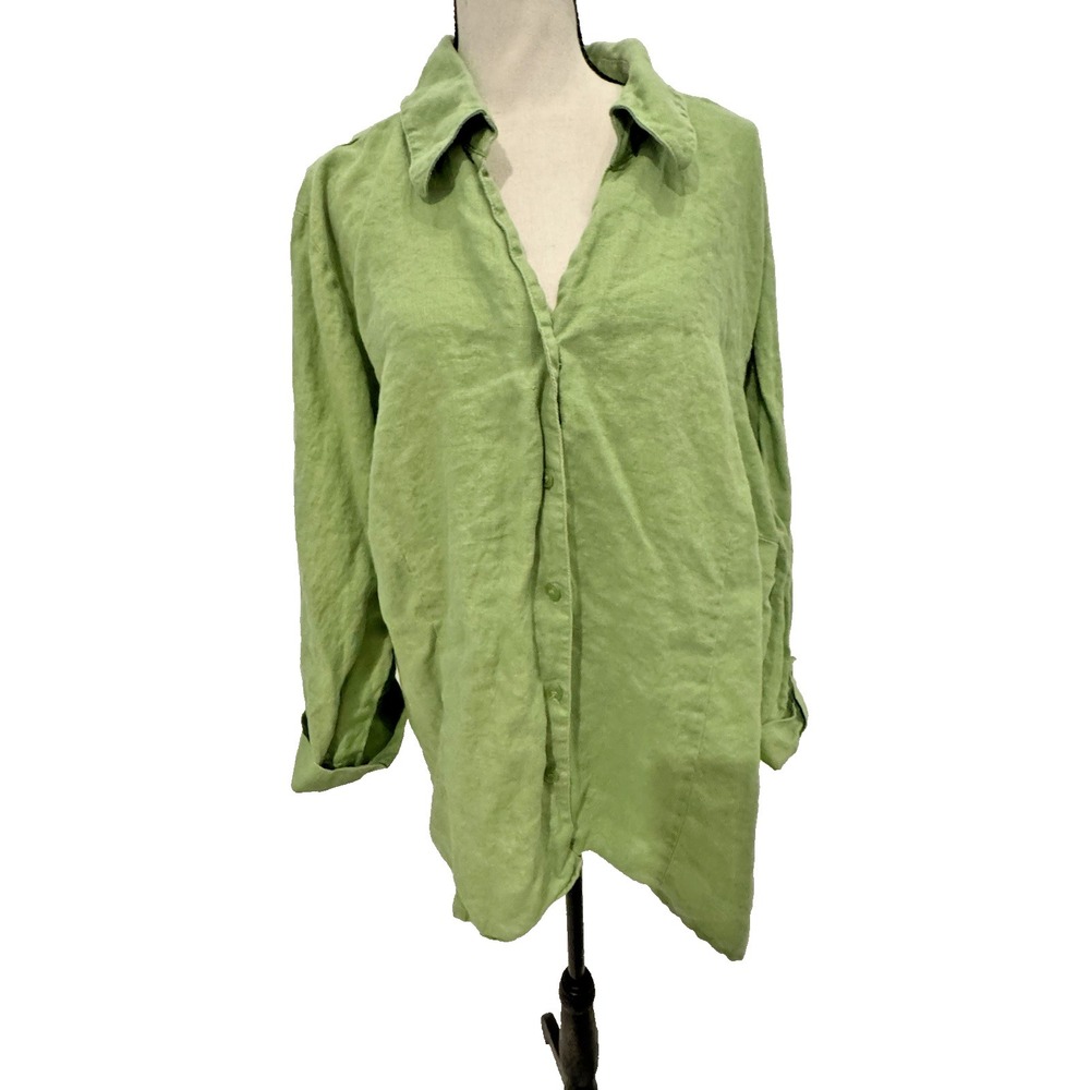 JM Collection Tunic Button Down 100% Linen Roll Tap Sleeve Relaxed Fit Sz 24W